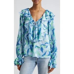 RAMY BROOK Top NEW Size XXS Imani Leafy Blue Green $345 Long Sleeve Blouse